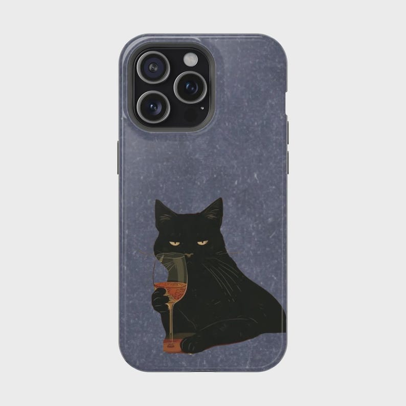 May include: A phone case featuring a black cat holding a glass of red wine. The cat has yellow eyes and is set against a textured, dark blue background. The case has a glossy finish and a camera cutout.