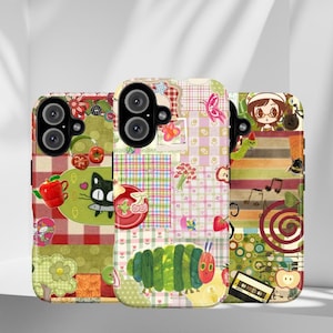 May include: Three colorful phone cases with whimsical designs. One features a black cat, apples, and a red and white checkered pattern. Another showcases a green caterpillar, flowers, and patchwork. The third has a girl, musical notes, and a cassette tape.