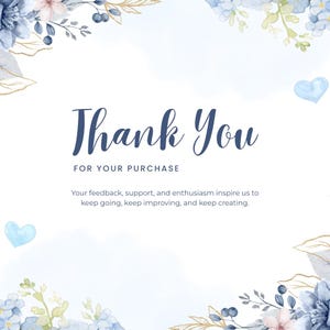 K&ouml;nnte beinhalten: Eine wei&szlig;e Karte mit blauen floralen Aquarellakzenten und den Worten "Thank You" in dunkler blauer Schrift. Darunter steht der Text "FOR YOUR PURCHASE" und eine Dankesbotschaft.