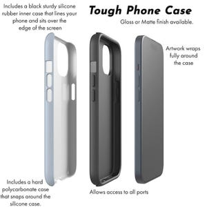 May include: Three phone cases are displayed, showcasing a tough design. The text "Tough Phone Case" is visible. One case is light blue, another is black, and the third is dark blue. The cases feature a silicone inner case and a hard polycarbonate outer case.