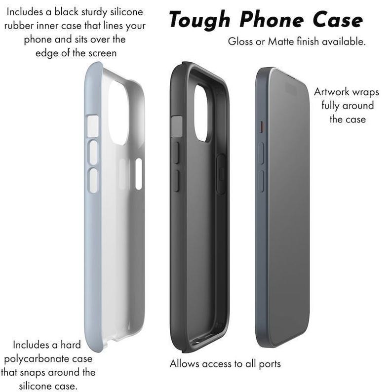 May include: Three phone cases are displayed, showcasing a tough design. The text "Tough Phone Case" is visible. One case is light blue, another is black, and the third is dark blue. The cases feature a silicone inner case and a hard polycarbonate outer case.