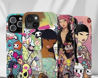 May include: Four phone cases with colorful, cartoon-style designs. The cases feature illustrations of women and various characters. The cases are in shades of blue, pink, and yellow.