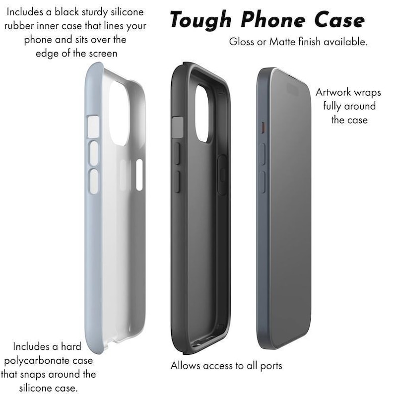 K&ouml;nnte beinhalten: Dreiteiliges Bild einer Handyh&uuml;lle. Der Text "Tough Phone Case" steht oben. Die H&uuml;lle wird in drei Teilen gezeigt: eine hellblaue innere Silikonh&uuml;lle, eine schwarze Silikonh&uuml;lle und eine dunkelblaue H&uuml;lle. Der Text besagt, dass die H&uuml;lle den Zugriff auf alle Anschl&uuml;sse erm&ouml;glicht.