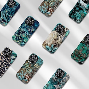 May include: A collection of smartphone cases with various patterns. Designs include floral, animal print, and paisley in shades of blue, brown, and teal. Each case has a camera cutout and button placements.
