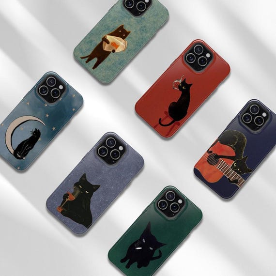 Vintage Black Cat Phone Case, Smoking Night Vibes Case Cover For iPhone And Samsung