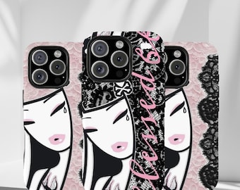 May include: Three phone cases featuring a graphic illustration of a stylized face with closed eyes, a single tear, and pink lips. The design includes a black lace pattern, a small skull and crossbones icon, and the pink cursive text Blessed.
