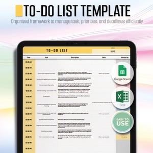 May include: A digital to-do list template displayed on a tablet. The screen shows a structured schedule with time slots, tasks, and descriptions. The template includes icons for Google Sheets, Excel, and an "Easy to Use" label. The top text reads "TO-DO LIST TEMPLATE".