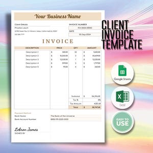May include: A client invoice template with the text "Your Business Name" at the top. The invoice includes fields for client details, invoice number, date, and a detailed breakdown of charges. The total amount due is £46,798.14.