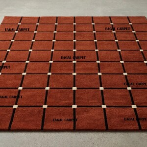 Tapete de lã neozelandesa tufado à mão | Tapete moderno com padrão quadriculado em tons de ferrugem e terracota