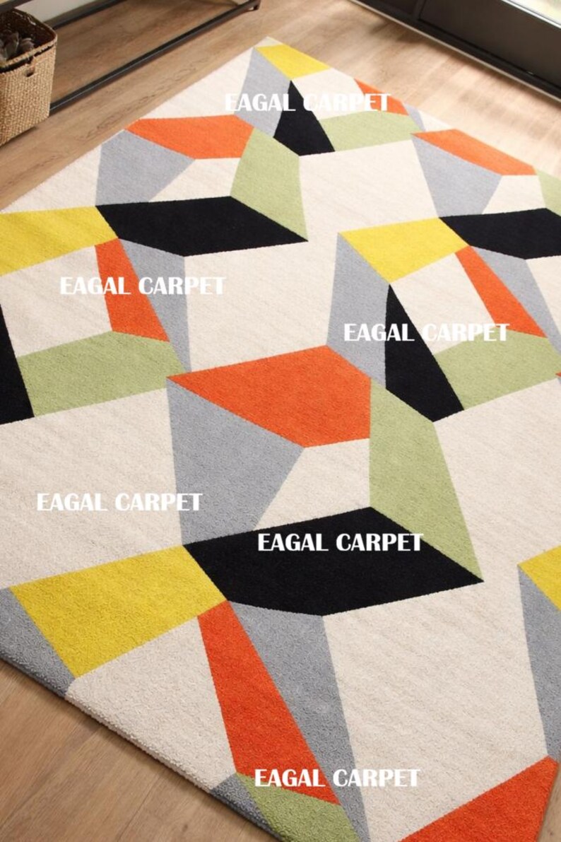 Hand Tufted New Zealand Wool Rug – Modern Geometric Color Block Carpet ...
