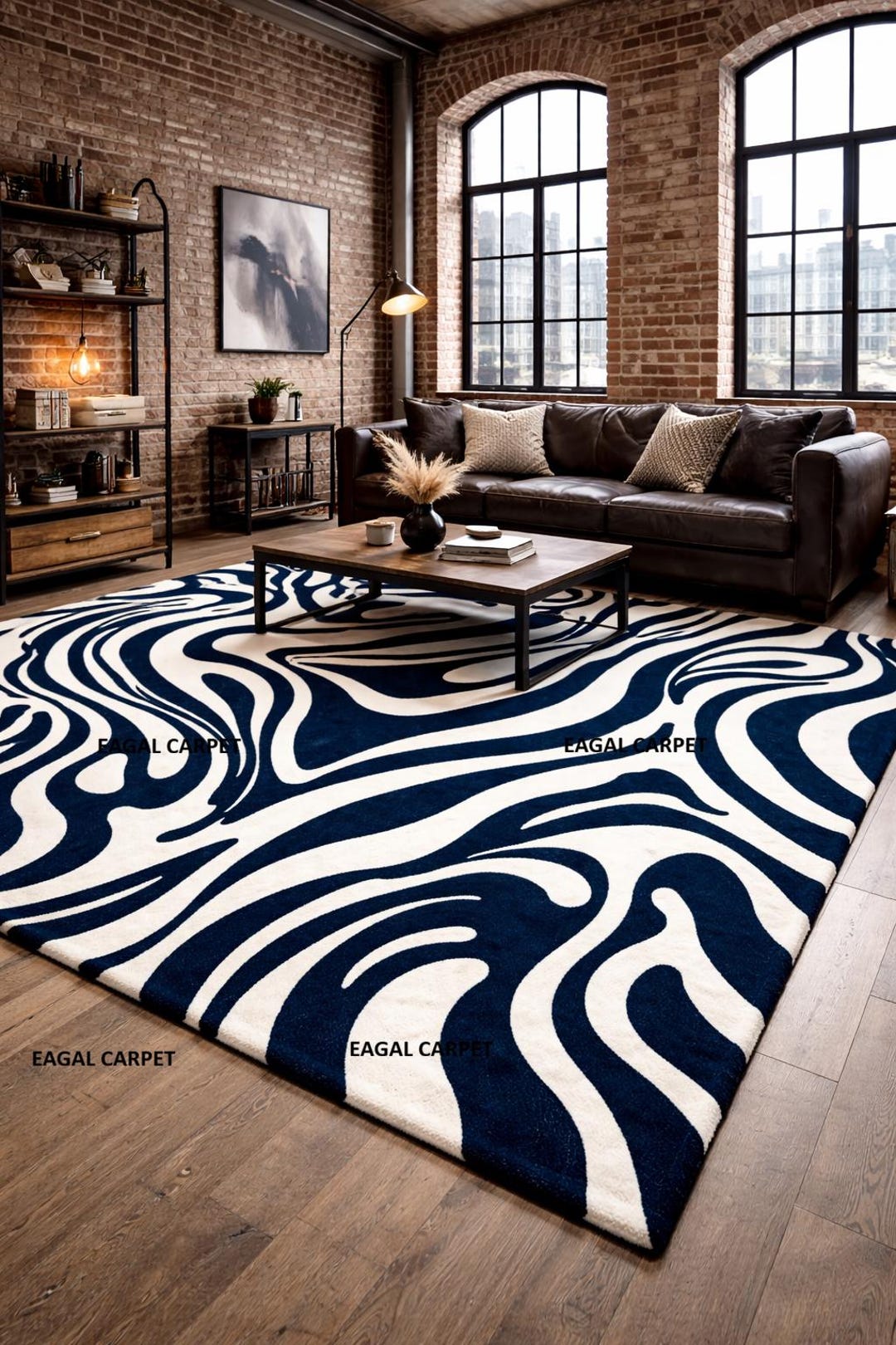 Hand Tufted New Zealand Wool Rug| Modern Abstract Navy Blue & Ivory ...