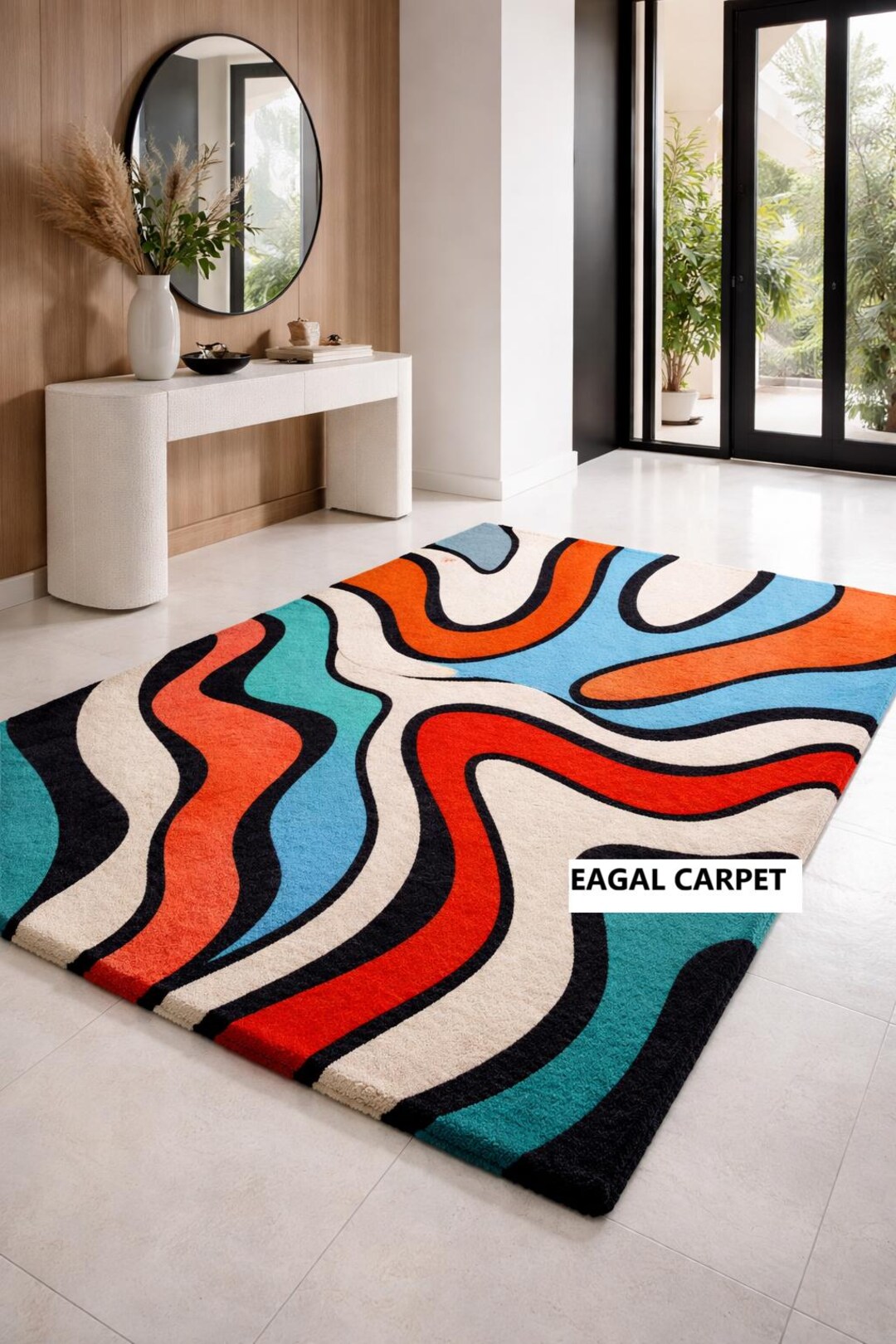 Hand Tufted New Zealand Wool Rug, Abstract Modern Area Colorful Wavy ...