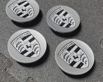 Porsche Wheel Center Caps 76mm - Gray & Black, Set of 4
