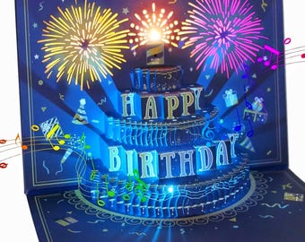 3D Pop Up Musical Birthday Card with LED Candle | Blowable Light Cake Greeting Card | Birthday Gift for Women Men Kids Mom