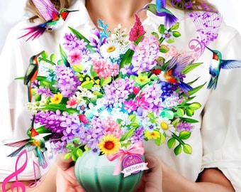 Hummingbird Oasis 3D Pop-Up Bouquet Card – Music, Lights, Forever Flowers (Birthday Gift)