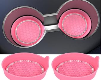 Peach Pink Bling Rhinestone Car Cup Holder Coasters – Non-Slip Silicone Inserts (2 Pack)