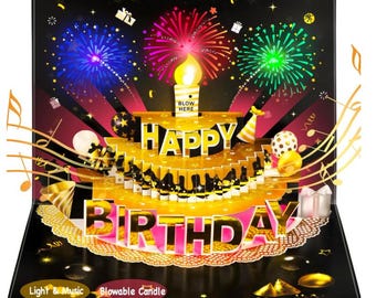 Pop Up Birthday Card – LED Light, Music, Blowable Candle, 3D Balloons