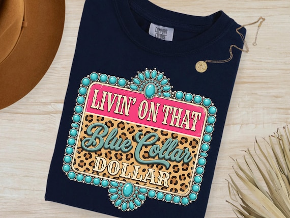 Blue Collar Dollar PNG, Turquoise Leopard Cowgirl Graphic (Digital Download)