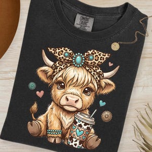 Highland Cow PNG, Leopard Bow, Coffee Sublimation File (Digital Download)