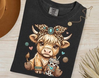 Highland Cow PNG, Leopard Bow, Coffee Sublimation File (Digital Download)