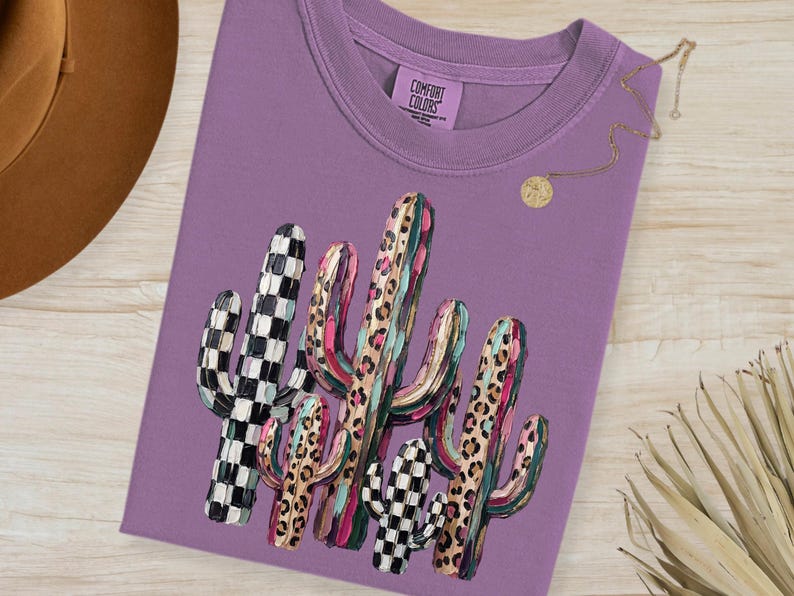 Faux Oil Painted Cactus PNG, Leopard Checkerboard Western Boho Sublimation Graphic (Digital Download) image 4