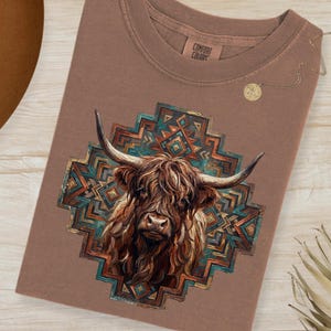 Highland Cow PNG, Faux Oil Painting, Aztec Graphic, Western Boho Sublimation File (Digital Download)