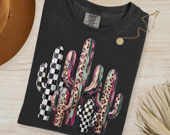 Faux Oil Painted Cactus PNG, Leopard Checkerboard Western Boho Sublimation Graphic (Digital Download)