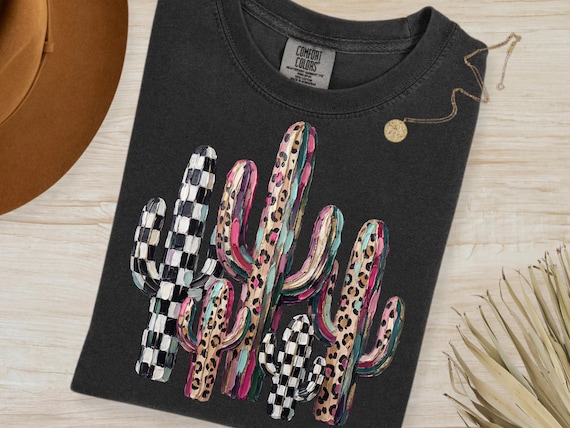 Faux Oil Painted Cactus PNG, Leopard Checkerboard Western Boho Sublimation Graphic (Digital Download)