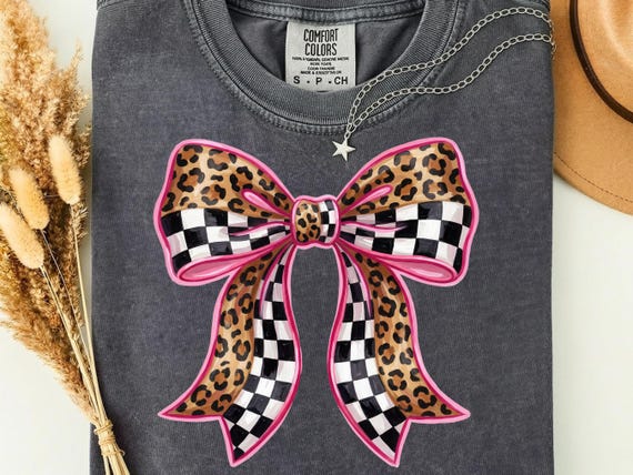 Leopard Checkered Bow PNG, Pink Outline Coquette Graphic (Digital Download)