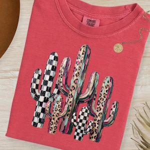 Faux Oil Painted Cactus PNG, Leopard Checkerboard Western Boho Sublimation Graphic (Digital Download) image 3