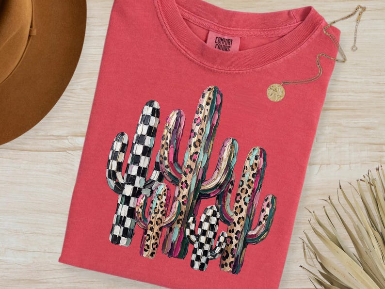 Faux Oil Painted Cactus PNG, Leopard Checkerboard Western Boho Sublimation Graphic (Digital Download) image 3