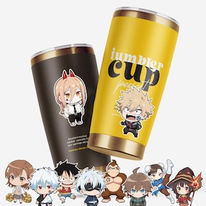 May include: Two insulated tumblers, one black and one yellow, with gold accents. The black tumbler features a cartoon character sticker. The yellow tumbler has the words "tumbler cup perfect" printed on it, along with a cartoon character sticker. A collection of cartoon characters are at the bottom.