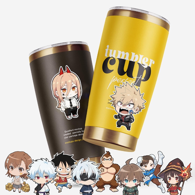 May include: Two insulated tumblers, one black and one yellow, with gold accents. The black tumbler features a cartoon character sticker. The yellow tumbler has the words "tumbler cup perfect" printed on it, along with a cartoon character sticker. A collection of cartoon characters are at the bottom.