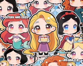Chibi Princess PNG Sticker Bundle | Cutesy Cake Topper, Birthday Gift Idea, DIY Decor | Printable Fairy Tale Clipart Set (Digital Download)