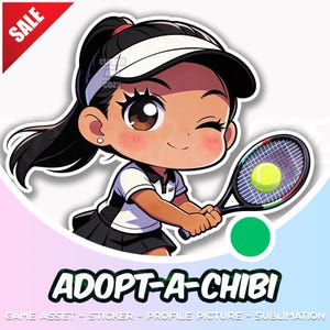 May include: A cartoon illustration of a tennis player winking, holding a racket and a tennis ball. The image has a white visor, black hair, and a black and white tennis outfit. Text at the bottom reads "ADOPT-A-CHIBI".