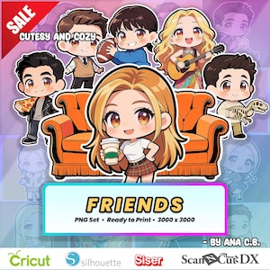 Può includere: Un set PNG digitale con illustrazioni di cartoni animati dei personaggi della serie TV "Friends". I personaggi sono raffigurati in uno stile chibi carino, con un personaggio centrale che tiene una tazza di caffè davanti a un divano arancione. Il testo "FRIENDS" e "CUTESY AND COZY" è incluso.