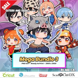 Mega Bundle Sticker von Chibi Superhero und Anime Girls | PNG Clipart Paket | Geschenkidee für Ihn | DIY Birthday Design (Digitaler Download) MB3