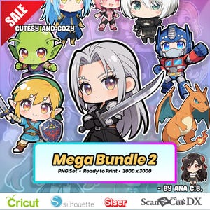 Puede incluir: Un paquete de arte digital con varios personajes de anime y videojuegos en estilo chibi. La imagen incluye personajes como Link, Optimus Prime y Charizard, con el texto "Mega Bundle 2" y "Cutesy and Cozy".
