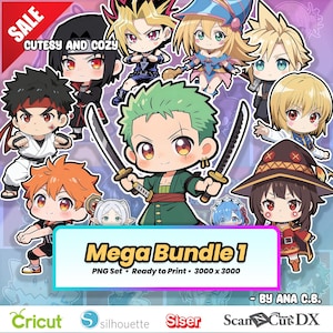 以下が含まれることがあります： ちびスタイルのアニメキャラクターのコレクションをフィーチャーしたデジタルアートプリント。画像には「Mega Bundle 1」と「Cutesy and Cozy」の文字が含まれています。PNGセットは3000 x 3000ピクセルで印刷できます。画像には、Cricut、Silhouette、Siser、ScanNCut DXのロゴも含まれています。