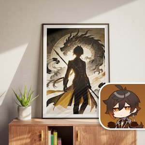 Puede incluir: Impresión artística enmarcada que presenta un personaje con una lanza, sobre un fondo de un dragón y remolinos de tinta. La obra de arte utiliza tonos marrones, dorados y negros, con una pequeña ilustración de personaje en la esquina.