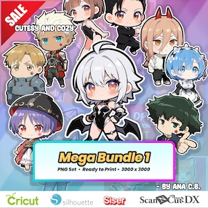 Puede incluir: Una colección digital de pegatinas de personajes de anime estilo chibi con varios atuendos y colores de cabello. El gráfico incluye el texto Mega Bundle 1, PNG Set, Ready to Print, 3000 x 3000, y By Ana C.B. junto con logotipos de Cricut, Silhouette, Siser y ScanNCut DX.