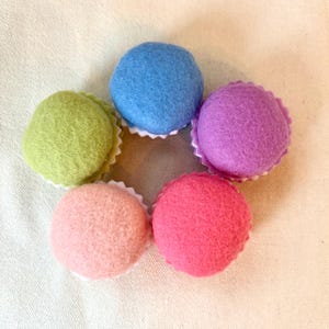 May include: Five colorful felt macarons arranged in a circle. The macarons are in shades of green, blue, purple, pink, and red. Each macaron has a white, scalloped edge.