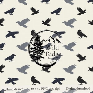 May include: Digital download of a repeating pattern featuring black and gray crows on a cream background. The design includes the text "Wild Ridge Studio", "Hand drawn", "12 x 12 PNG 300 dpi", and "Digital download".