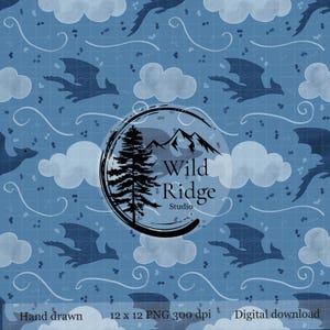 May include: A digital download featuring a repeating pattern of dark blue dragons, white clouds, and swirling lines on a light blue grid background. The design includes a circular logo with a pine tree and mountain range, with the text "Wild Ridge Studio".