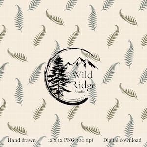 May include: Digital download featuring a repeating fern pattern in shades of gray and brown on a cream background. The Wild Ridge Studio logo is in the center, with a tree and mountains. The text "Hand drawn" and "Digital download" are at the bottom.