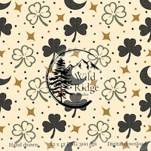 May include: A digital pattern featuring dark green and charcoal shamrocks, gold stars, and crescent moons on a cream background. A central circular logo displays a pine tree, mountain peaks, and the text Wild Ridge Studio. Hand drawn, 12 x 12 PNG 300 dpi, digital download.