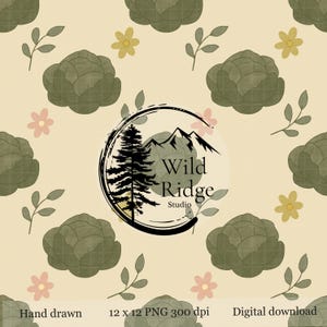 May include: A digital pattern design featuring a repeating pattern of olive green cabbage-like shapes, pink and yellow flowers, and sprigs on a cream background. The Wild Ridge Studio logo is in the center. The text "Hand drawn", "12 x 12 PNG 300 dpi", and "Digital download" are at the bottom.