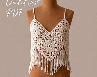 Boho Crochet Vest Pattern PDF | Summer Fringe Top, Granny Square Festival Vest, Intermediate Clothing