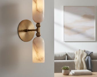 Mid Century 2 Light Natural Alabaster Wall Lamp Modern Sconce Lighting Fixture Decor Vintage Handcrafted Decor