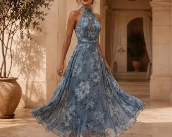 Floral Halter Maxi Dress Women, Backless Chiffon Summer Dress, Boho Wedding Guest Dress, Flowy Vacation Dress, Resort Wear Gown